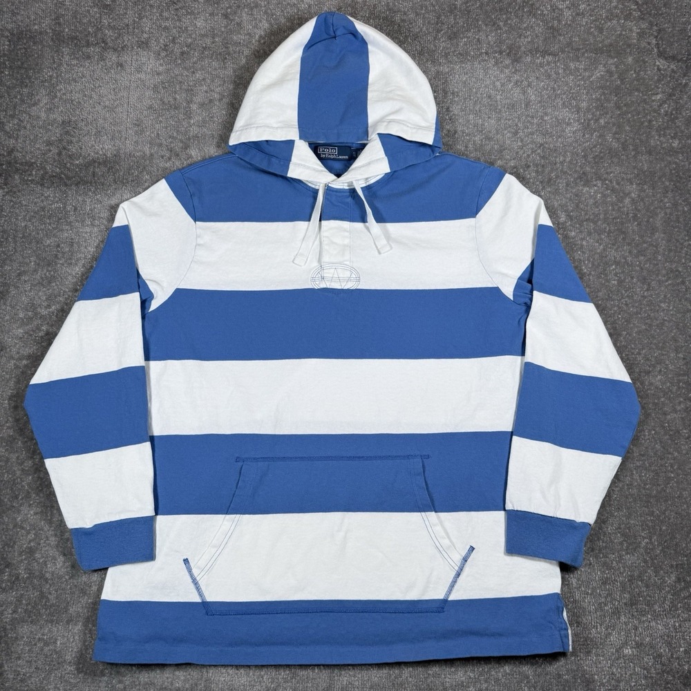 Polo Ralph Lauren Hooded Rugby Men's XL Blue White Striped Long Sleeve